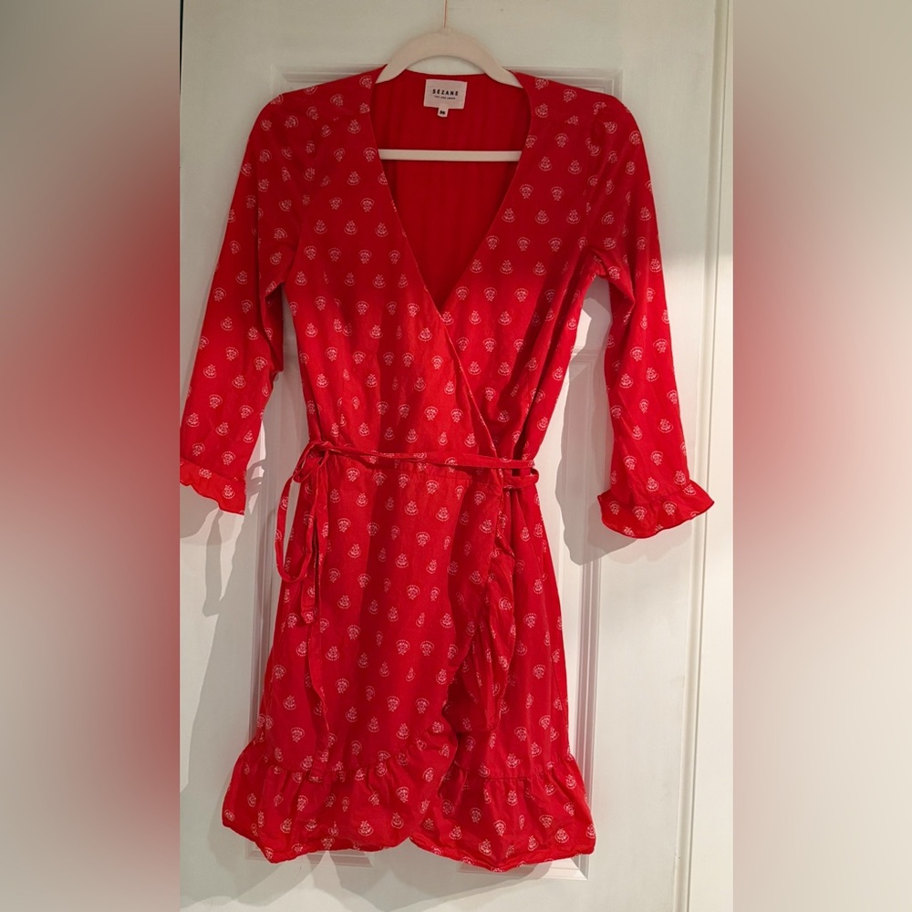 Sezane, Robe Elena, cotton,  lining, Imprime Ecru front Rouge, size 36,